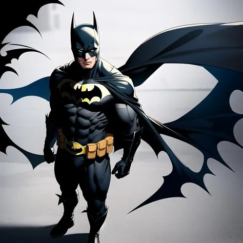 batman,standing,full body,black cape,mask,white eyes,no pupils ,superhero,bat ears,pouch,gri spandex, black bodysuit ,black gloves,abs,muscular male,utility belt,boots<lora:batman:0.5>