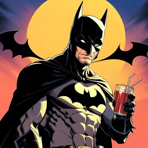 batman,1boy,solo,holding,soda,drink, black cape,mask,white eyes,no pupils ,superhero,bat ears,pouch,spandex, black bodysuit ,abs,muscular male,utility belt,<lora:batman:0.5>