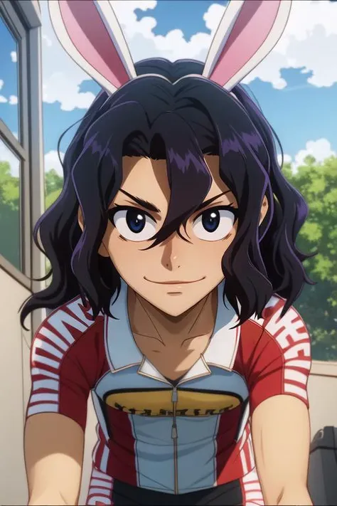 (best quality:1.1), (masterpiece:1.4), illustration, looking at viewer, , depth of field, ligne claire, , 1boy, solo, male focus, <lora:junta_teshima:0.88>, junta_teshima, black hair, black eyes, hair between eyes, sanpaku, wavy hair, easter costume, shipyard, 8k resolution