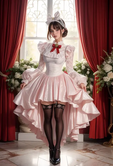 adult beautiful woman, tall, high quality, best quality, highres, high detail, afterglow,god rays,   <lora:CVD-44:0.8>  dr3ss, ,skirt,  bow, ribbon, chest jewel, long sleeves, standing, rim lighting, (full body), black latex stockings, red latex dress, ornate, grand hall, prada victorian wedding gown,