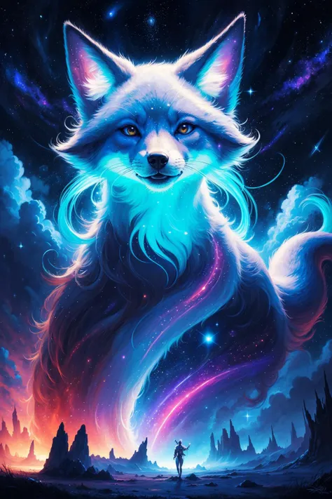 Graffiti style blue and white celestial fox, ethereal, star patterns, cosmic energy, vibrant colors, mystical aura, highly detailed, fantasy art, digital painting, best quality, high quality, high detail, 4k, 8k resolution,  from below,depth of field <lora:Outfit_LucentDream:0.30> glowing, starry sky  . Street art, vibrant, urban, detailed, tag, mural