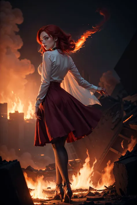 Photo of a woman shrouded in fire and smoke, standing fearlessly in a burning building, (flaming red hair:1.32), (ethereal quality:1.33), wearing a skirt, (hair flying behind her:1.25), cleavage, stockings<lora:epiCRealismHelper:1> <lora:popular:1> <lora:SDXLrender_v1.0:0.6>