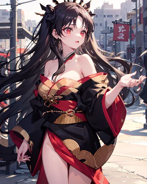 ishtar \(fate\), 1girl,solo, <lora:IshtarV2:0.7>, cowboy shot, large breasts,black_hair,((kimono:1.3)),outdoors,cityscape,off shoulder,