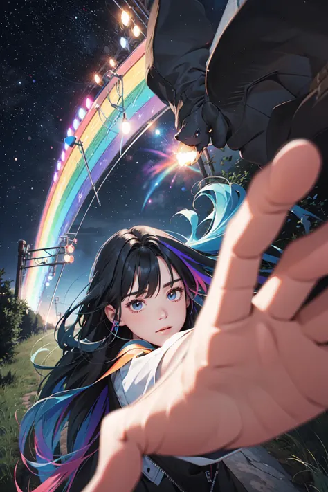 <lora:PepePunchMemeV2:1>,IncrsPunchMeme,floating and rainbow long hair,Iridescence and rainbow, beautiful detailed starry sky,