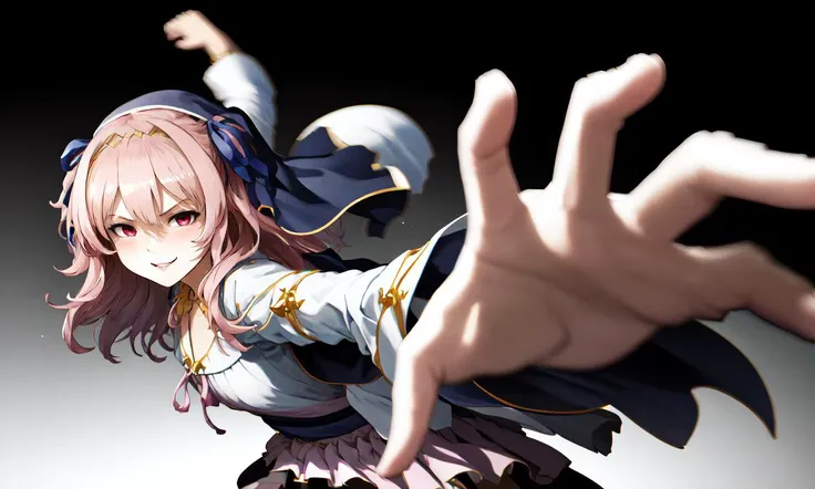 (PepePunchMeme), (best quality, masterpiece, :1.3), a picture of a girl about to punch the viewer, she has beautiful clear eyes, reaching out, 1girl, solo, long hair, jewelry, two side up, thighhighs, looking at viewer, skirt, hair ribbon, ribbon, collarbone, bracelet, pink eyes, red eyes, necklace, circlet, fantasy, hair between eyes, pink hair, tassel, dress, wide sleeves, frills, capelet, light particles, pink shirt, hair ornament, long sleeves, bangs, frilled skirt, bow, zettai ryouiki, miniskirt, habit, tiara, pleated skirt, blue ribbon, headdress, hair bow, blush, veil, nun, <lora:ShadowverseLorena768:0.8>, motion blur, motion lines, , outstretched hand, (evil grin, smirk, crazy eyes, parted lips, looking at viewer, v-shaped eyebrows, detailed face, beautiful face, shaded face, yandere, shadow, :1.2), (raised fist, white dress, dynamic pose, action shot,) (from side:1.2),
<lora:PepePunchMeme:0.85>, ((clenched hand,))