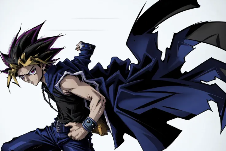 1boy, yugi muto, black hair, jacket on shoulders, sleeveless shirt, blue pants, PepePunchMeme