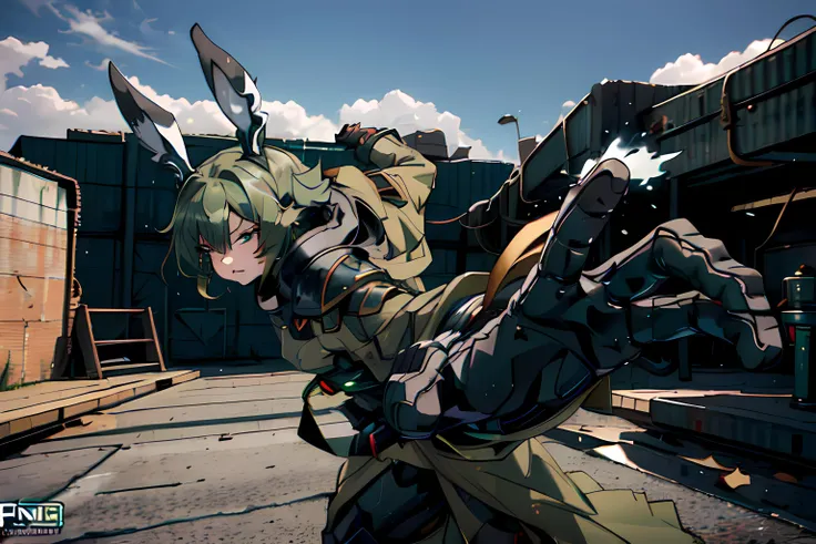 <lora:PepePunchMeme:1>, PepePunchMeme, GREEN HAIR, rocket boost, flame, tactical armor, ((masterpiece)), (best quality), official art, extremely detailed CG unity 8k wallpaper, highly detailed, powered armor, <lora:hairdetailer:0.4>, <lora:mecha_offset:1>, <lora:ReisenV1:0.2>, full armor, solo, one girl, 1 girl, (WHITE bunny ears), mecha musume, green hair, red eyes, <lora:Latex V4:0.25>, punching, dust plume, boosters, fuel tanks, angry expression, battlefield, death from above, explosions, sparks, hard impacts, speed lines, shoulder bash, weapon in hand, knife, violent, Motion lines, water splash, bodysuit, overcoat, cloak, shell casings, destroyed tank, bent armor plating, detailed, extremely detailed, intricately detailed, rocket booster, dashing, side shot, spikes, high speed violence, techwear, running and jumping at viewer, rain, water, smoke, rocket engine, isometric, science fiction, torn up floor, skid marks, martial arts pose, rocket boots, glass shards in the air, sparks in the air, action, punching, FIVE FINGERS, hand closeup, grabbing camera,