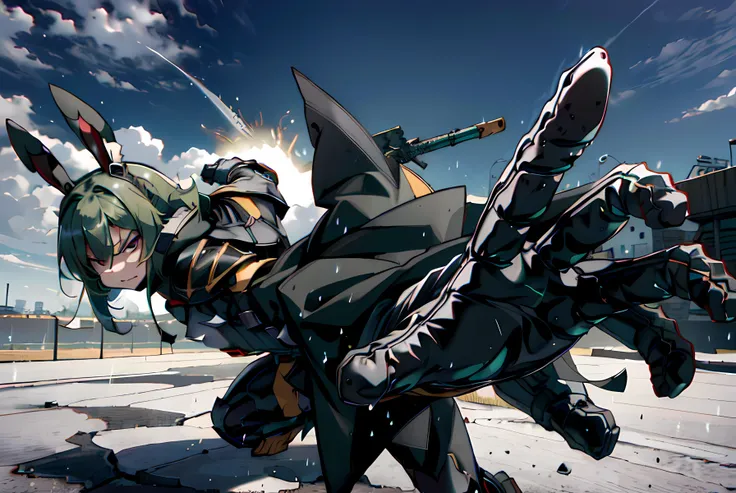 <lora:PepePunchMeme:1>, PepePunchMeme, GREEN HAIR, rocket boost, flame, tactical armor, ((masterpiece)), (best quality), official art, extremely detailed CG unity 8k wallpaper, highly detailed, powered armor, <lora:hairdetailer:0.4>, <lora:mecha_offset:1>, <lora:ReisenV1:0.2>, full armor, solo, one girl, 1 girl, (WHITE bunny ears), mecha musume, green hair, red eyes, <lora:Latex V4:0.25>, punching, dust plume, boosters, fuel tanks, angry expression, battlefield, death from above, explosions, sparks, hard impacts, speed lines, shoulder bash, weapon in hand, knife, violent, Motion lines, water splash, bodysuit, overcoat, cloak, shell casings, destroyed tank, bent armor plating, detailed, extremely detailed, intricately detailed, rocket booster, dashing, side shot, spikes, high speed violence, techwear, running and jumping at viewer, rain, water, smoke, rocket engine, isometric, science fiction, torn up floor, skid marks, martial arts pose, rocket boots, glass shards in the air, sparks in the air, action, punching,