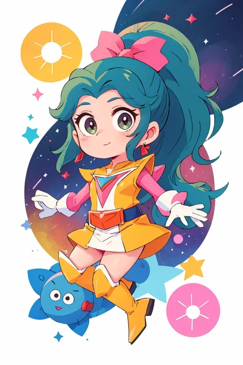 ((masterpiece)), (best quality), vivid color,
megumi, green hair, ponytail, white gloves, yellow boots, pink sleeves,
full body, (chibi:1.3), science fiction background, space background, galaxy, voltes v \(mecha\),
<lora:OkaMegumiV1:0.7>