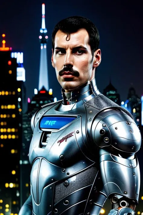 freddy mercury from queen, pretty face, silver face implants, robot eye, cyborg arms, morph, robotic clothing, sweat, chest hair, singing, look over shoulder, city lights, hyperrealistic, 8k, real photo shoot