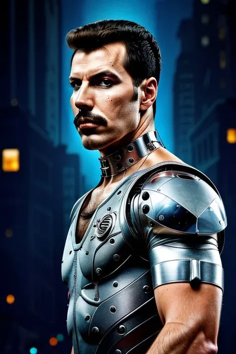 freddy mercury from queen, pretty face, silver face implants, robot eye, cyborg arms, morph, robotic clothing, sweat, chest hair, singing, look over shoulder, city lights, hyperrealistic, 8k, real photo shoot