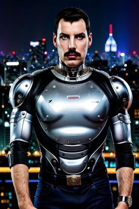 freddy mercury from queen, pretty face, silver face implants, robot eye, cyborg arms, morph, robotic clothing, sweat, chest hair, singing, look over shoulder, city lights, hyperrealistic, 8k, real photo shoot