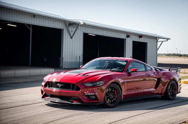 red supercar, ford mustang, raytracing, HDR reflective metal, smoke tires, cinematic lighting AND (race track:1.2)