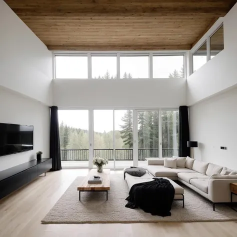 interior design, a perspective of spacious living room with large windows, high ceilings, and a minimalist aesthetic. The room has a white color scheme with accents of black and natural wood,