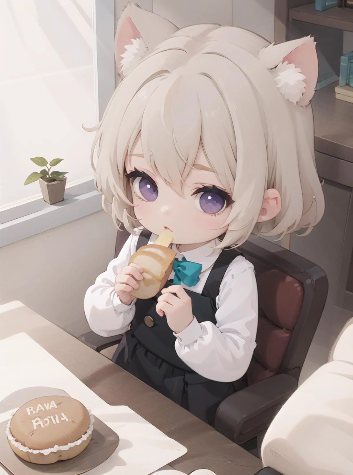 a girl sitting eating bread on a table, from above <lora:Genshin_Little_Lynette_v2:.4> (long hair, long sleeves, black dress, black vest, collared shirt, teal bow, cat ears, parted lips, purple eyes, cat tail, grey hair, grey pantyhose, black loafers, puffy sleeves, bowtie, plaid skirt, pleated skirt, black skirt, teal skirt,,:.7) , looking at viewer,