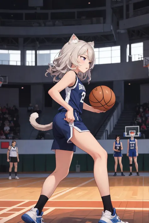 masterpiece, best quality, solo, 1girl, (playing basketball, sprinting, basketball court, stadium, crowds, basketball uniform, audience:1.5), indoors, <lora:Genshin_Little_Lynette_v3-000055:0.6:lbw=MIDD>, (long hair:1.5), cat ears, purple eyes, cat tail, white hair, from below, from side, shorts, bare legs, socks, <lora:hotarueye_jitome17_v100:1>, jitome,