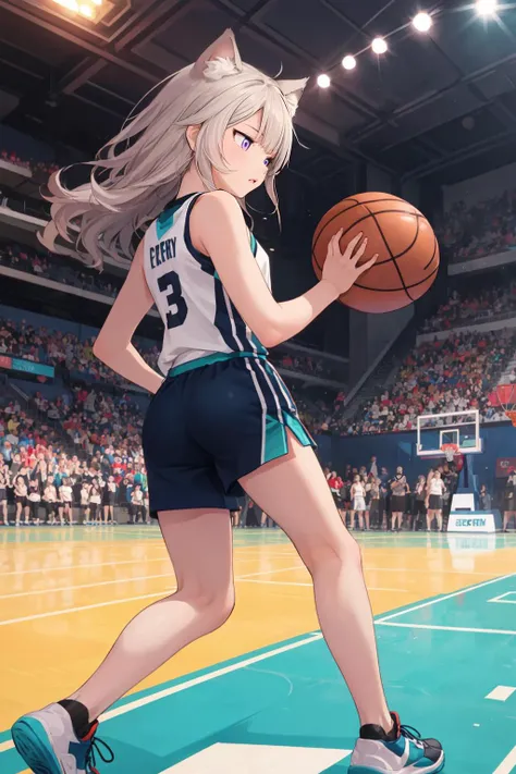masterpiece, best quality, solo, 1girl, (playing basketball, sprinting, basketball court, stadium, crowds, basketball uniform, audience:1.5), indoors, <lora:Genshin_Little_Lynette_v3-000055:0.6:lbw=MIDD>, (long hair:1.5), cat ears, purple eyes, cat tail, white hair, from below, from side, shorts, bare legs, socks, <lora:hotarueye_jitome17_v100:1>, jitome, teal uniform,
