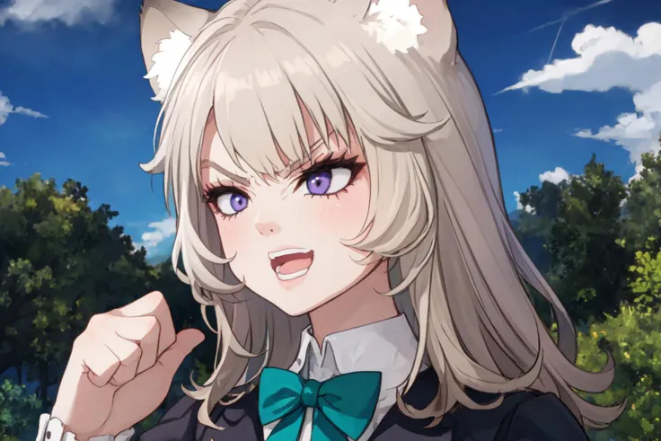 masterpiece, bst quality, 1girl, solo, (closeup, portrait:1.5), <lora:Genshin_Little_Lynette_v3-000055:0.7>, (long hair:1.5), long sleeves, black dress, black vest, white collared shirt, teal bowtie, cat ears, purple eyes, white hair, grey pantyhose, black loafers, puffy sleeves, plaid skirt, pleated skirt, black skirt, teal skirt, BIWM, POINTING_AT_SELF, SHOUTING, ANGRY, <lora:biwm:1>, french countryside, blue sky,