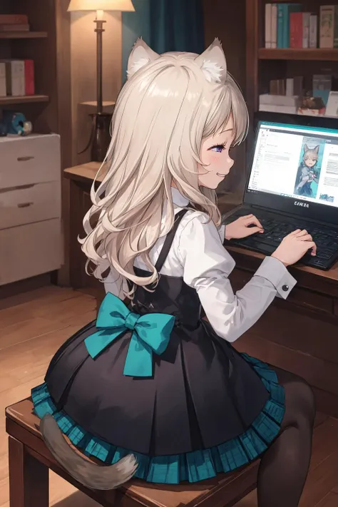 masterpiece, bst quality, solo, 1girl, indoors, <lora:Genshin_Little_Lynette_v3-000055:0.75:lbw=MIDD>, (long hair:1.5), long sleeves, black dress, black vest, white collared shirt, teal bowtie, teal bow, waist back bow, cat ears, purple eyes, (cat tail:1.3), white hair, grey pantyhose, black loafers, puffy sleeves, plaid skirt, pleated skirt, black skirt, teal skirt, <lora:AnyasHehFaceMeme:1>, IncrsAnyasHehFaceMeme, grin, smug, (sitting on gaming chair:1.5), in front of laptop, typing on keyboard, (trolling on the internet:1.5), from behind, (black cross straps:1.5),