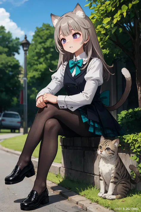 masterpiece, best quality, solo, 1girl, (full body:1.5), parted lips, (sitting:1), (legs crossed:1.5), french town, outdoors, <lora:Genshin_Little_Lynette_v3-000055:0.6>, long hair, long sleeves, black dress, black vest, collared shirt, teal bow, cat ears, parted lips, purple eyes, cat tail, grey hair, grey pantyhose, black loafers, puffy sleeves, bowtie, teal plaid skirt, pleated skirt, black skirt, foot dangling,