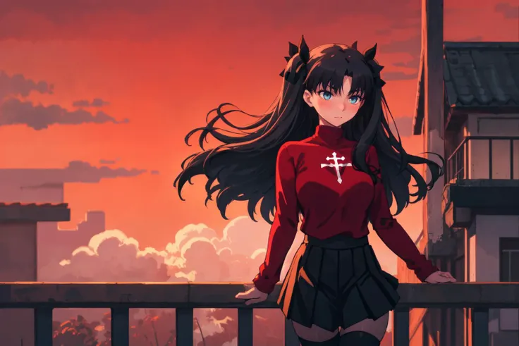 <lora:tohsakaRinFateStay_v1:0.5>, Tohsaka Rin, Volumetric Lighting, Best Shadows, Shallow Depth of Field, Portrait Of Stunningly Beautiful Girl, Delicate Beautiful Attractive Face With Alluring Sharp Blue Eyes, Sharp Eyebrows, Enjoying The Scenery, Closed Mouth, Lovely Medium Breasts, Layered Long Black Two-Side Up Hair, Windswept Hair, Hair Ribbon, Blush Eyeshadow, Thick Eyelashes, Cross On The Red Turtleneck Shirt, Long Sleeve, Slim Waist, Black Short Pleated Skirt, Thigh Gap, Black Thigh-High Stockings, Red Sky At Night, Clouds, School Rooftop, Under Red Moon, Rooftop Guardrails, Villagescape, Facing Away, Side View of Leaning On Railing, Shoulder Blades, (Highest Quality, Amazing Details:1.25), (Solo:1.3), Brilliant Colorful Paintings