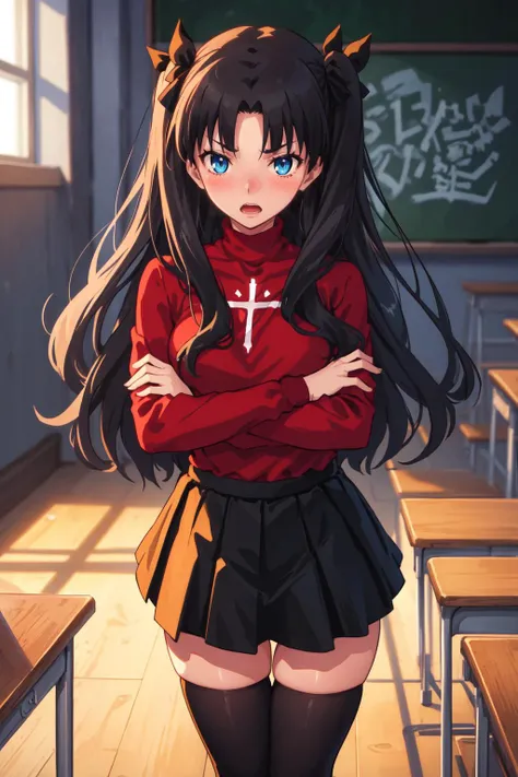 <lora:tohsakaRinFateStay_v1:0.5>, Tohsaka Rin, Volumetric Lighting, Best Shadows, Shallow Depth of Field, Portrait Of Stunningly Beautiful Girl, Delicate Beautiful Attractive Face With Alluring Sharp Blue Eyes, Frown Sharp Eyebrows, Glowering, Open Mouth, Lovely Medium Breasts, Layered Long Black Two-Side Up Hair, Hair Ribbon, Blush Eyeshadow, Thick Eyelashes, Cross On The Red Turtleneck Shirt, Slim Waist, Black Short Pleated Skirt, Thigh Gap, Black Thigh-High Stockings, Silent Night, Moonlight Shining Through Window, Floating Dust Particles, Classroom In An Abandoned School, Green Chalkboard With Wooden Frame, Broken Desk And Fallen Chairs, Legs Apart, Crossed Arms, Looking Down, (Highest Quality, Amazing Details:1.25), (Solo:1.3), Brilliant Colorful Paintings