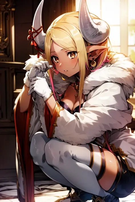 masterpiece, (detailed, highres, best quality), 1girl, <lora:spgbfKumbhira-10:1> kumbhiradef, horn ribbon, earrings, necklace, white gloves, cleavage, white jacket, fur trim, wide sleeves, short shorts, highleg panties, white thighhighs, shy, holding, looking to the side, parted lips, solo, squatting