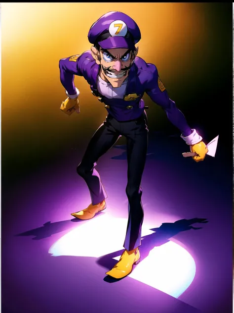 highest quality, masterpiece, (ultra-detailed), best quality, photorealistic light,
<lora:Character - Waluigi (Super Mario) v2:0.7>, 1 boy, manly, waluigi, purple cap, moustache, big nose, (Letter L on cap), wide smile, showing teeth, long legs, glare in eyes,
black background, simple background, full body, wide shot, cast shadow on ground, gradient background, spotlight, (white borders:1.4), light effects,
