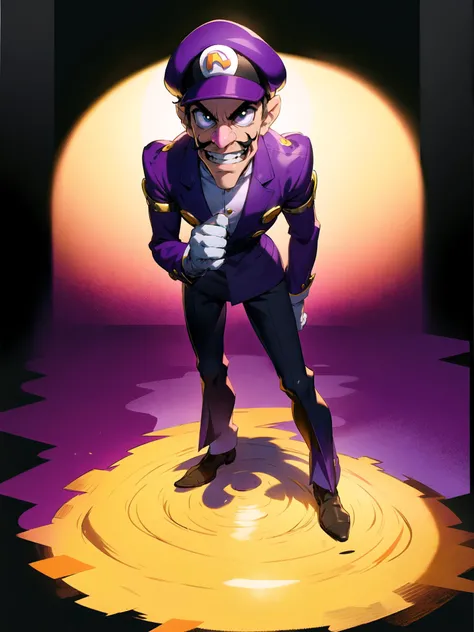 highest quality, masterpiece, (ultra-detailed), best quality, photorealistic light,
<lora:Character - Waluigi (Super Mario) v2:0.6>, 1 boy, waluigi, purple cap, moustache, big nose, wide smile, showing teeth, long legs,
black background, simple background, full body, wide shot, cast shadow on ground, gradient background, (white borders:1.4), light effects,