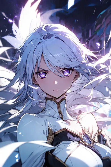 with platinum hair and purple eyes, beautiful eyes, a melancholy expression that stirs affection, large breasts, floating hair, light particles, glare, vivid,fancy, dreamlike, a dim atomshpere,