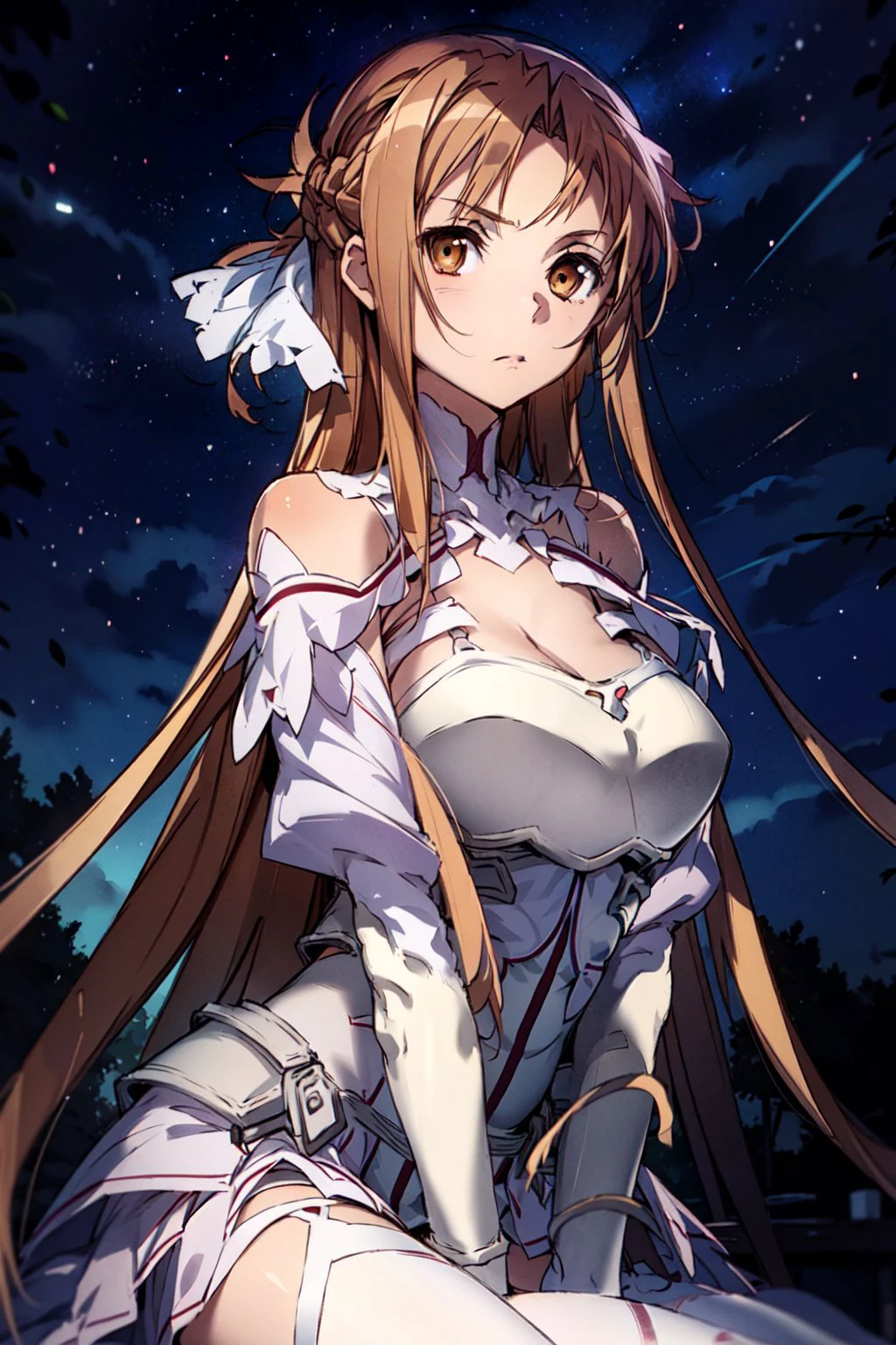 stacia, 1girl, solo, long hair, huge breasts, looking at viewer, bangs, worried, brown eyes, beautiful background, (night sky, stars), brown hair, thighhighs, gloves, dress, cleavage, bare shoulders, very long hair, white gloves, white dress, armor, white thighhighs, garter straps, sitting, white armor, arms behind back, <lora:asuna_(stacia):0.7>
