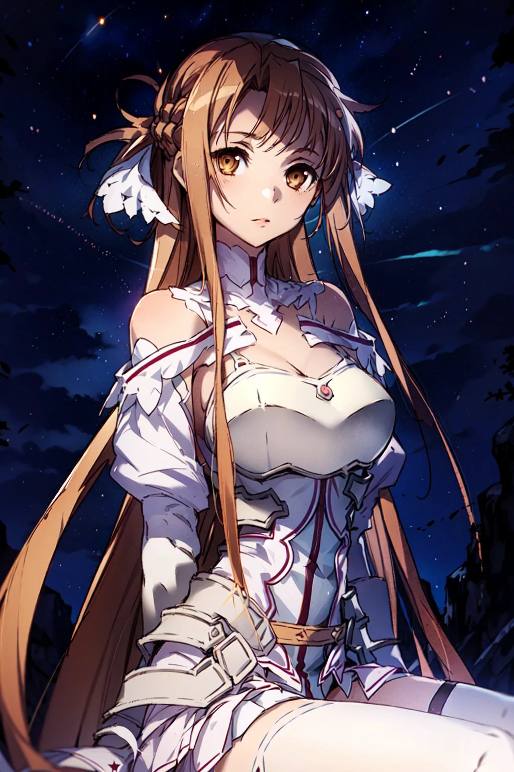 stacia, 1girl, solo, long hair, large breasts, looking at viewer, bangs, brown eyes, beautiful background, (night sky, stars), brown hair, thighhighs, gloves, dress, cleavage, bare shoulders, very long hair, white gloves, white dress, armor, white thighhighs, garter straps, sitting, white armor, arms behind back, <lora:asuna_(stacia):0.7>