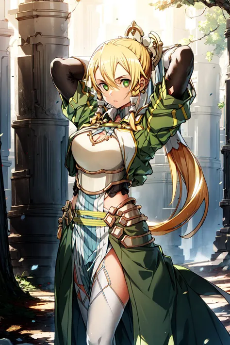 HDR, CG, sharp focus, (8k), (4k), masterpiece, best quality, extremely detailed, hyper detailed, leafa alicization, green eyes, blonde hair, long hair, ponytail, hair between eyes, bangs, twin braids, hair tubes, hair ornament, black gloves, (white thighhighs, white footwear), looking at viewer, cowboy shot, arms behind head, outdoors, forest, <lora:leafa alicizationV1:1>