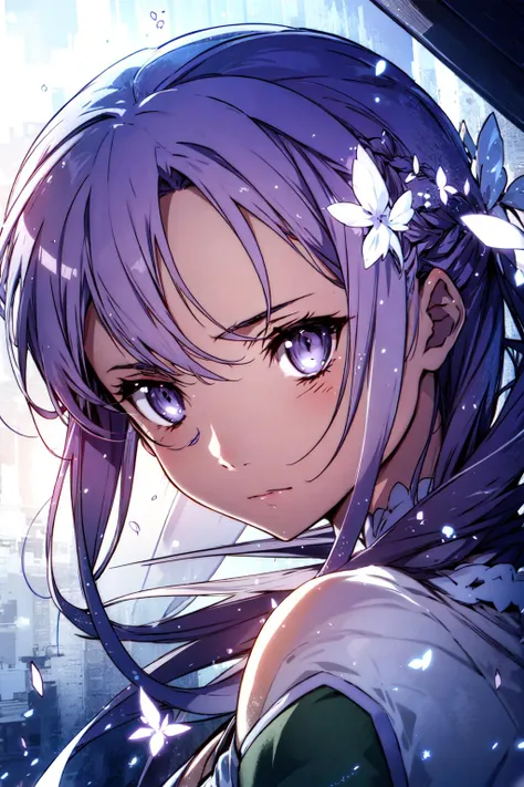 With purple hair and gray eyes,beautiful as a fairy,A melancholy expression that stirs affection,side face,floating hair,light particles,glare,vivid,fancy,dreamlike,a dim atomshpere