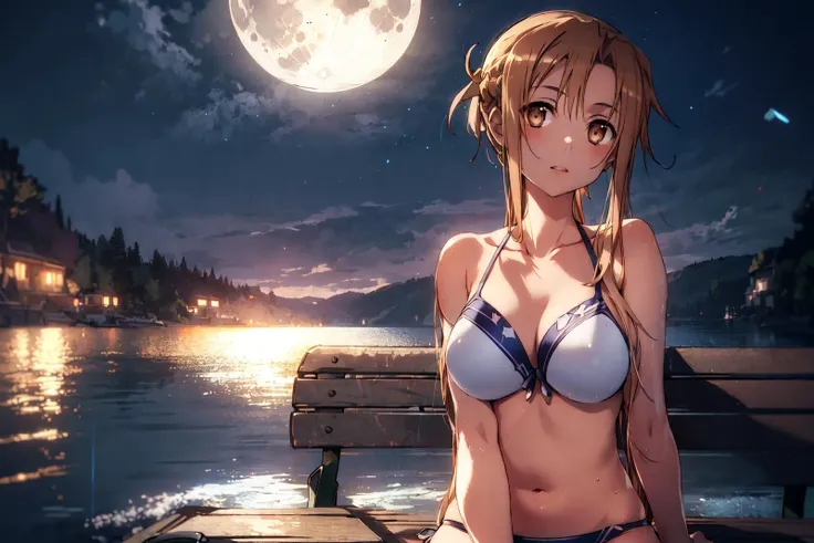 1girl, solo, ((masterpiece)), best quality, ultra-detailed, extremely detailed, full body, beautiful background, breasts, (sitting on bench), darkness ,lake view, moon,night, night sky, bikini, asuna_(sao), brown eyes,