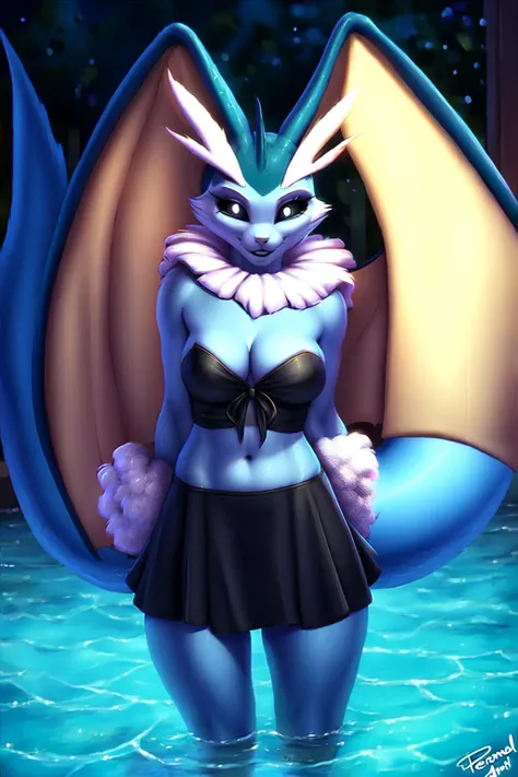 by personalami, female, skirt, swimming trunks, anthro, furry, medium breasts, cleavage, full body, vaporunny, vapears, black sclera, white fluffy collar, white pupils, (blue body), looking at viewer, partially submerged, <lora:vaporunny_fluffyrock_shrink:0.9>