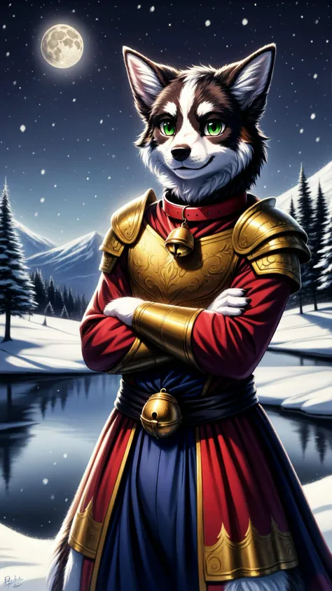 <lora:add_detail:0.5> <lora:Furtastic_Detailer:0.5> <lora:lora_Furry_female:0.7> <lora:boldline:0.2>
((masterpiece)), (best quality), (ultra detailed), (digital), (furry), furry boy, (anthro), (border collie), solo, young, cute, green eyes, furry white eyebrows, body fur, animal ear fluff, happy, blushing, (plate mail armor), red and green medieval era clothing, collar with bell, looking at viewer, standing, arms crossed, forest, river, snowy mountains, snowing, stars, moon, starlight, anime style, intricate, elaborate detail, ((vivid)) colors, high saturation