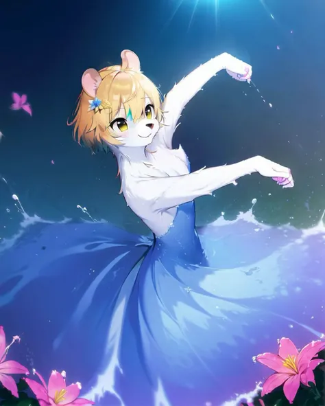 (furry:1.2), rat, princess, very long dress, water, liquid transparent dress, water splashes, dancing, pretty, from above
huge rat ears, (gold color:1.3)
animal, garden, flowers, trees, nature, sunshine, rainbow, colorful
bloom, bokeh, caustics, chiaroscuro, chromatic aberration, diffraction spikes, gradient, lens flare, <lora:LiquidClothesV1fixed:1> <lora:furryGirl_v1:0.5>