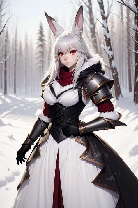 (masterpiece, best quality),  intricate details
anthro rabbit girl, white fur,  1girl, white hair,  white rabbit ears, (red eyes,  petite:1.2)
<lora:lora_Furry_female:0.6> furry, furry female, body fur, animal ear fluff, 
fur trimmed robe, black armored dress, pauldrons, leather straps, belts,
mage, arcane, wizard, magical tome, 
woods, winter, snow, trees,
(realistic fur, detailed fur texture:1.2), detailed background, wilderness background, photorealistic, hyperrealistic, ultradetailed,   masterpiece, absurdres,HDR, wallpaper quality ,highly detailed eyes and face, a woman in a dark armor gown posing for a picture , wearing a black <lora:ParrleyGown:0.8> [ballgown|Parrley_armor],  [dress|suit of armor], big bulky fantasy armor,