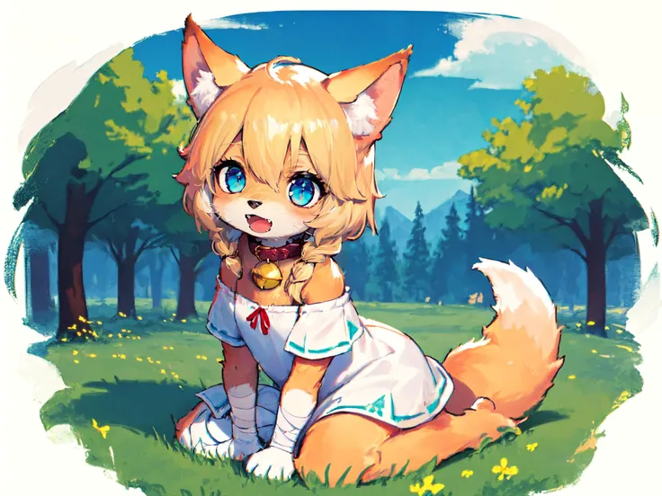 [Lily Fisher], Original Character, 1girl, fluffy wolf tail, wolf ears,
((chibi,)) Round cherubic face with rosy cheeks. Bright aqua eyes and her lips are full and pouty, small nose, delicate chin. short blonde braids hair, (bandages on arms), red ribbon,
looking at viewer, Childlike smile, Broadly Smiling, Open Mouth, Fangs Out, blush,
((off shoulder short sleeves white short dress)), neck bell, red collar,
kneeling on a meadow in the forest, The meadow is filled with wildflowers, and the sun is shining brightly. blue sky with cloud,
There are trees on all sides of the meadow
Volumetric Lighting, Best Shadows, Shallow Depth of Field, Highest Quality, Amazing Details, Brilliant Colorful Paintings,
(Wide shot), (Nikon D750 + 24-70mm f/2.8 lens), ((golden_ratio composition)),
full body, barefoot,
<lora:lora_Furry_female:0.6> furry, furry female, body fur, animal ear fluff,