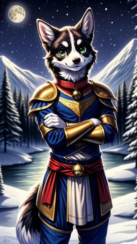<lora:add_detail:0.5> <lora:Furtastic_Detailer:0.5> <lora:lora_Furry_female:0.7> <lora:boldline:0.2>
((masterpiece)), (best quality), (ultra detailed), (digital), (furry), furry boy, (anthro), (border collie), solo, young, cute, green eyes, furry white eyebrows, body fur, animal ear fluff, happy, blushing, (plate mail armor), red and green medieval era clothing, collar with bell, looking at viewer, standing, arms crossed, forest, river, snowy mountains, snowing, stars, moon, starlight, anime style, intricate, elaborate detail, ((vivid)) colors, high saturation