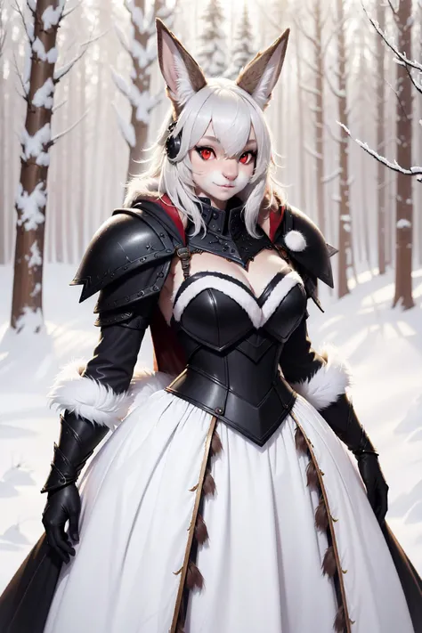 (masterpiece, best quality),  intricate details
anthro rabbit girl, white fur,  1girl, white hair,  white rabbit ears, (red eyes,  petite:1.2)
<lora:lora_Furry_female:0.6> furry, furry female, body fur, animal ear fluff, 
fur trimmed robe, black armored dress, pauldrons, leather straps, belts,
mage, arcane, wizard, magical tome, 
woods, winter, snow, trees,
(realistic fur, detailed fur texture:1.2), detailed background, wilderness background, photorealistic, hyperrealistic, ultradetailed,   masterpiece, absurdres,HDR, wallpaper quality ,highly detailed eyes and facea woman in a dark armor gown posing for a picture , wearing a black <lora:ParrleyGown:0.8> [ballgown|Parrley_armor],  [dress|suit of armor], big bulky futuristic armor,