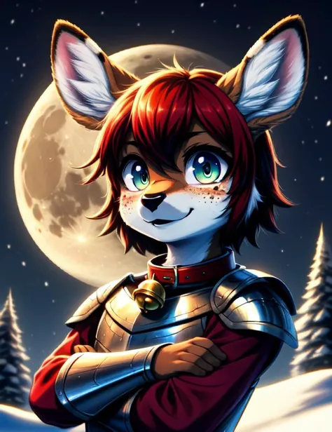 (AS-YoungerV2-neg:1.3) <lora:lora_Furry_female:0.6> <lora:Furtastic_Detailer:0.8> <lora:ç¼çå:0.5> <lora:boldline:0.2>
((masterpiece)), (best quality), (ultra detailed), (digital), full-body shot, ((Furry)), ((Anthro)), Deer, Brown Fur, body fur, Brown Hair, Wavy Hair, short hair, red highlights in hair, 1boy, boy, petite, cute, hazel Eyes, big circular reflective eyes, cute eyes, black deer lips, freckles, hooves, deer tail, blushing, (collar with bell), (wearing medieval plate mail armor), red and green clothing around armor, standing, arms crossed, looking at viewer, facing viewer, smile, grinning, outdoors, forest, winter, red moon, moon behind head, stars, snow, fantasy, close up, Japanese-style animation, anime style, manga-esque, intricate, elaborate detail, ((Electric)), ((wild)), ((vivid)) colors, high saturation