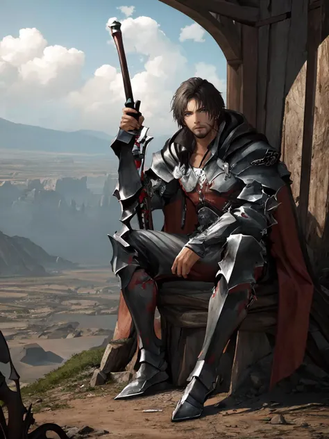 masterpiece, best quality, detailed, 8K, wallpaper, photorealistic, detailed face, detailed eyes, 1boy, facial hair, cape, armor, sitting on throne, <lora:FF16-clive-000005:1>, fantasy, holding weapon