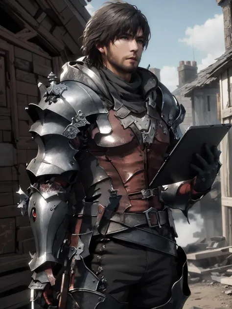 high quality, realistic, official art, unity 8k wallpaper, ultra detailed, beautiful and aesthetic, masterpiece, best quality, 1boy, clive, armor, beard, fantasy, <lora:FF16-clive-000005:1>, holding ipad
