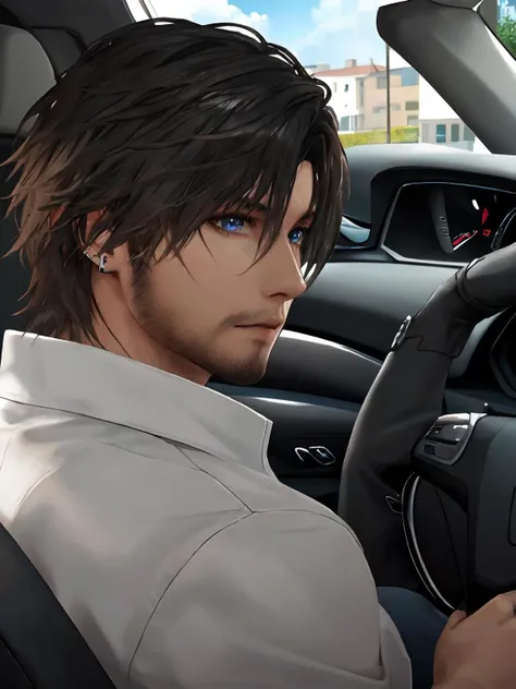 masterpiece, best quality, detailed, 8K, wallpaper, photorealistic, detailed face, detailed eyes, 1boy, facial hair, earrings, shirt, <lora:FF16-clive-000005:1>, street, driving, full body