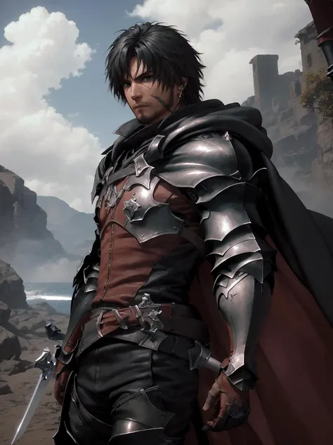 (best quality, masterpiece, detailed), 8K, 1boy, facial hair, earrings, armor, cape, sword on back, <lora:FF16-clive-000005:1>, dynamic pose, dynamic view