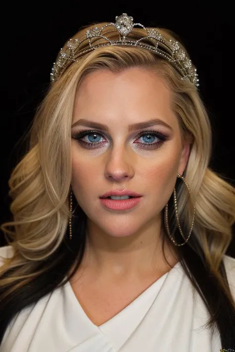 RAW, al3n4c, upper body, facial focus, looking at viewer, blonde, perfect face, longing for you, stunning eyes, no cleavage, ornate white dress, highly detailed, diamond crown, queen, teeth, candid, 8k uhd, sfw