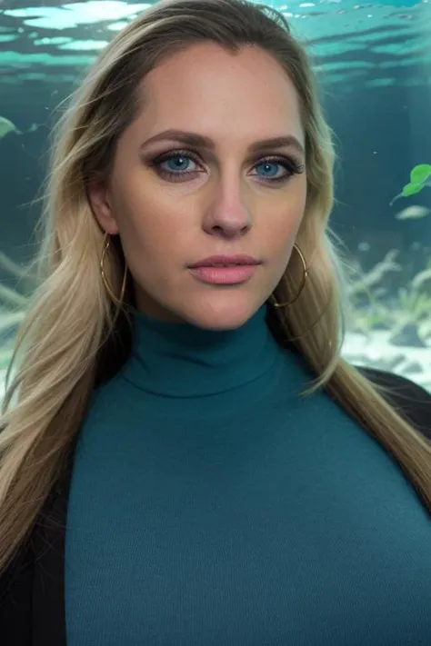 RAW, al3n4c, upper body, facial focus, looking at viewer, blonde, perfect face, stunning eyes, iridescent turquoise turtleneck, no cleavage, fully covered, at the exotic aquarium, 8k uhd