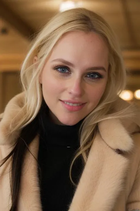 RAW, al3n4c, upper body, amateur, facial focus, looking at viewer, blonde, perfect face, stunning eyes, sfw, adorable smile, in a sweater and fur coat, in an alaskan ski resort, 8k uhd, sfw
